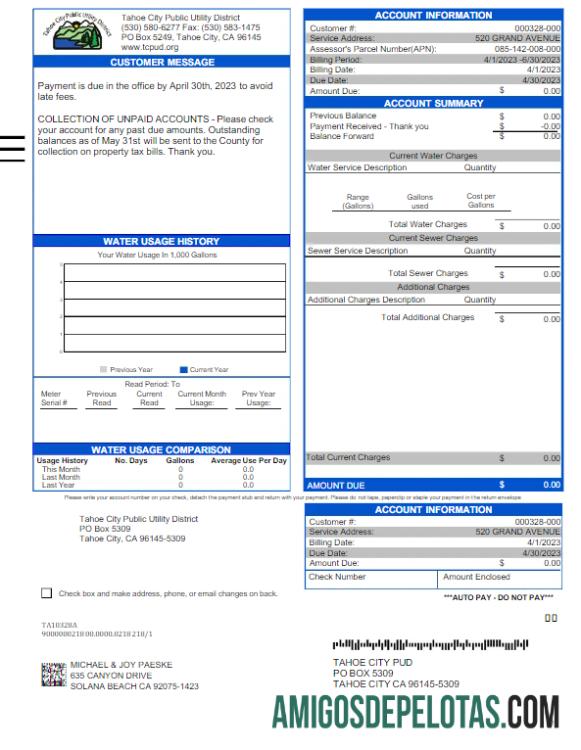 imprimível Modelo Word e PDF para fatura de serviços públicos da cidade de TAHOE nos EUA